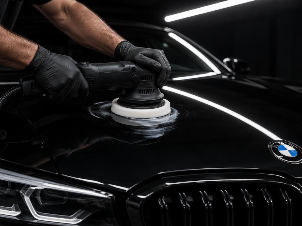 Mustaa BMW:tä kiillotetaan kiillotuskoneella